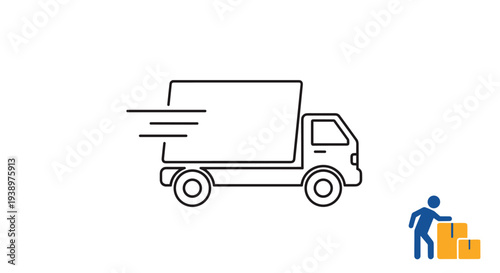Simple outline of a delivery truck with motion lines is shown next to a small blue figure moving yellow boxes to represent logistics services.