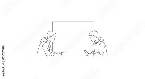 A minimalist black and white line drawing illustrates two people in hoodies sitting at a table, both engrossed in their smartphones, with a rectangle drawn between them.