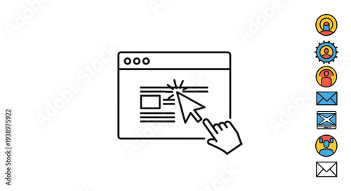 Computer mouse cursor clicks on a simplified web browser window interface surrounded by various colorful communication and user icons.