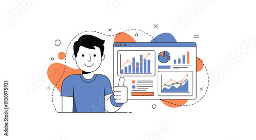Happy man gives a thumbs up gesture while standing next to a large digital dashboard featuring various business charts and analytics data.