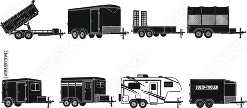Trailer silhouettes, dump trailer, cargo trailer, utility trailer, flatbed trailer, livestock trailer, travel trailer, RV, transport icons, hauling, construction