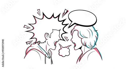 A dynamic comic book style illustration with a chromatic aberration effect shows a man and a woman yelling at each other, with explosive speech bubbles indicating a heated argument.