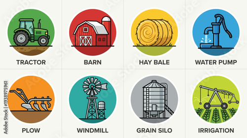 Farming vector illustration set including tractor, barn, hay bale, water pump, plow, windmill, grain silo, and irrigation system in flat minimal agriculture design style