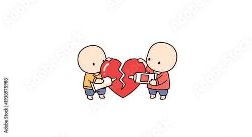 An adorable cartoon illustration shows two cute characters working together to mend a large, cracked red heart using tubes of glue against an isolated white background.