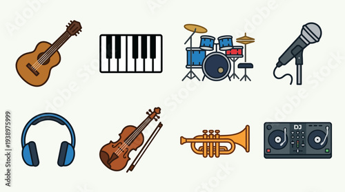 Music vector illustration set featuring guitar, piano, drum set, microphone, headphones, violin, trumpet, and DJ console in flat minimal entertainment design style