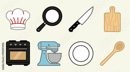 Food and cooking vector illustration set including chef hat, frying pan, knife, cutting board, oven, mixer, plate, and spoon in flat minimal kitchen design style