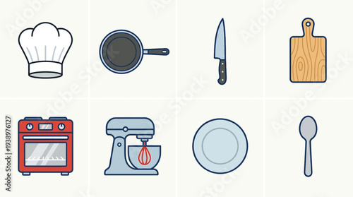 Food and cooking vector illustration set including chef hat, frying pan, knife, cutting board, oven, mixer, plate, and spoon in flat minimal kitchen design style