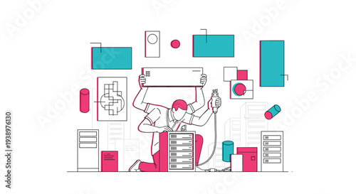 An IT administrator with six arms multitasks while working on a server rack, surrounded by data blocks and network components.