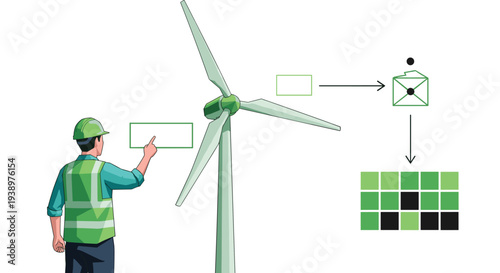 An engineer in a hard hat interacts with a digital interface to monitor a wind turbine's energy production and distribution grid.