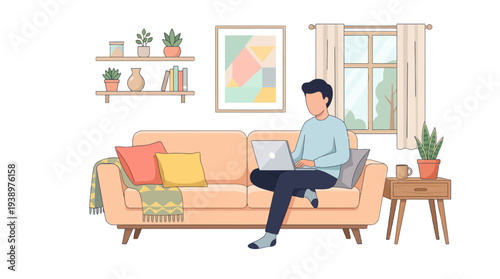 Man working remotely on laptop in cozy living room