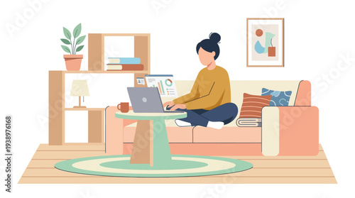 Woman working remotely from home with laptop on cozy couch
