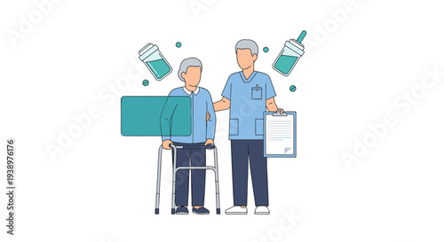 A male caregiver in scrubs assists an elderly woman with a walker, illustrating senior care and medical support on a white background.