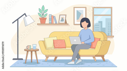 Woman relaxing on couch with laptop in cozy living room