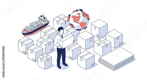 An isometric illustration of a businessman managing global logistics, surrounded by packages with a cargo ship and a globe in the background.