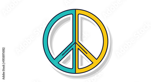 Iconic peace symbol is rendered with a split blue and yellow color scheme to represent global harmony, support, and hope for a better world.