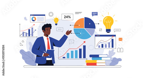Professional businessman points to a large pie chart while standing among various light bulbs and data graphs representing creative ideas.