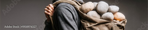 Man carrying backpack filled with heavy stones for mental health awareness conceptual campaign, representing emotional weight and stress in studio with copy space