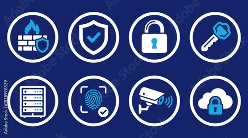 Cybersecurity vector illustration set featuring firewall, shield, lock, key, server rack, fingerprint scanner, CCTV camera, and secure cloud in flat minimal technology design style
