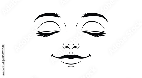 Simple black and white line drawing depicts a serene smiling face with closed eyes to represent peace, relaxation, and inner happiness.