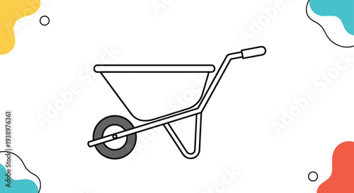 Outline of a gardening wheelbarrow is presented with colorful abstract shapes in the corners to represent yard work and outdoor maintenance.