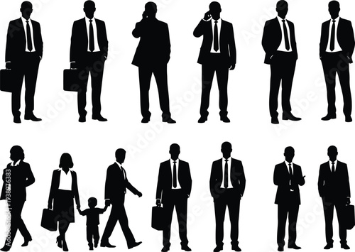Silhouettes of business professionals in various poses and attire on white background