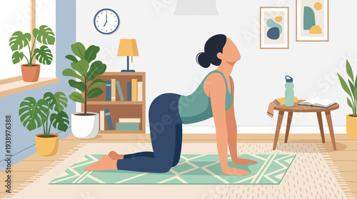 Woman doing yoga in a peaceful home environment with plants
