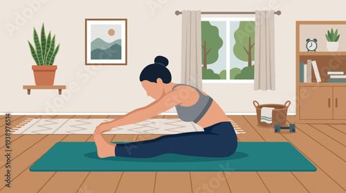 Woman stretching on yoga mat in modern home living room