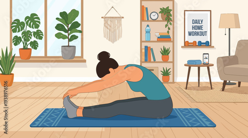 Woman stretching on yoga mat in modern home living room