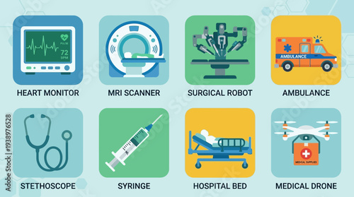Medical technology vector illustration set including heart monitor, MRI scanner, surgical robot, ambulance, stethoscope, syringe, hospital bed, and medical drone in flat minimal healthcare design