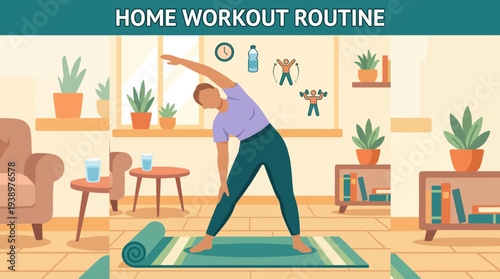 Woman doing home workout stretching in living room with yoga mat
