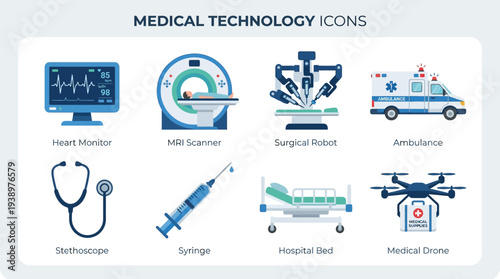 Medical technology vector illustration set including heart monitor, MRI scanner, surgical robot, ambulance, stethoscope, syringe, hospital bed, and medical drone in flat minimal healthcare design
