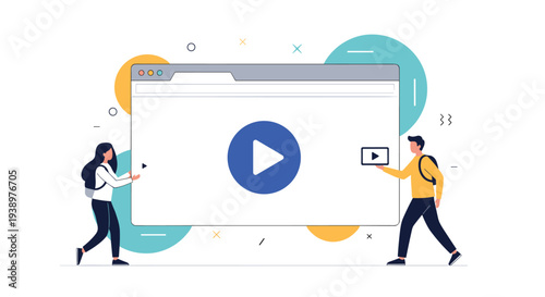 Online video education and streaming media concept with two students interacting with a large digital browser video player.
