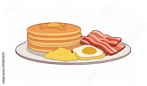 Cartoon pancake breakfast plate with eggs and bacon flat vector illustration
