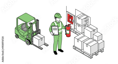 An isometric illustration depicts a warehouse safety inspection, with a worker in a hard hat holding a fire extinguisher and clipboard next to a forklift and boxes.