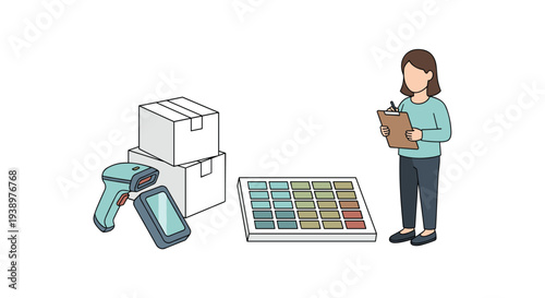 An isometric illustration of a female worker taking inventory with a clipboard, standing next to boxes, a barcode scanner, and a color swatch palette.