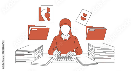 A vector illustration shows a person with a beanie working at a desk, surrounded by stacks of documents, orange folders, and papers with geometric art.