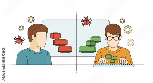 A split-panel illustration shows a developer fixing code represented by red blocks while another developer writes new green code, depicting bug fixing.