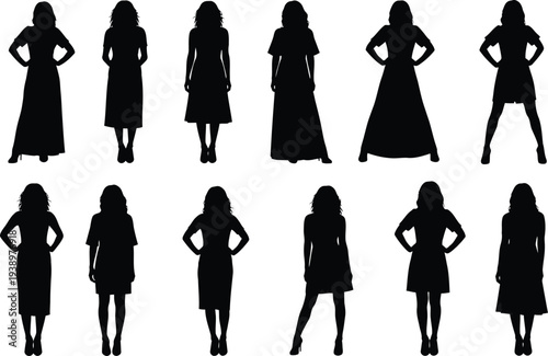 Collection of female silhouettes in various dresses and poses on white background