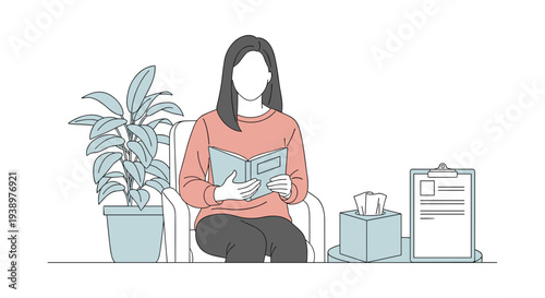 A woman sits comfortably in a chair reading a book in a waiting room or therapy office, next to a plant, tissues, and a clipboard.