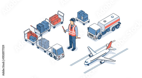 An isometric vector illustration of an airport ground marshal directing traffic with luggage carts, a fuel truck, and an airplane on the tarmac.