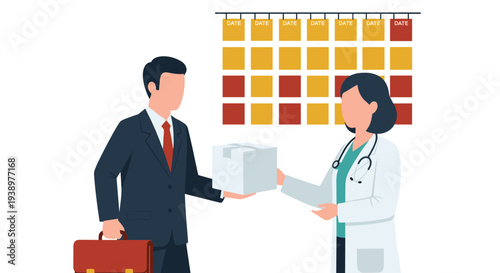A businessman delivering a package to a female doctor, with a large calendar in the background, illustrating medical supply chain or pharmaceutical sales.