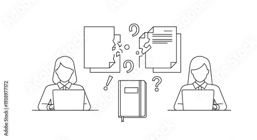 A line art illustration showing two women on laptops with torn documents and question marks between them, representing miscommunication or data loss.