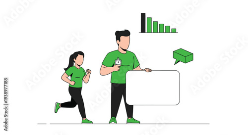 A personal trainer with a stopwatch and a blank sign coaches a running woman, with a declining bar chart in the background, illustrating fitness progress.
