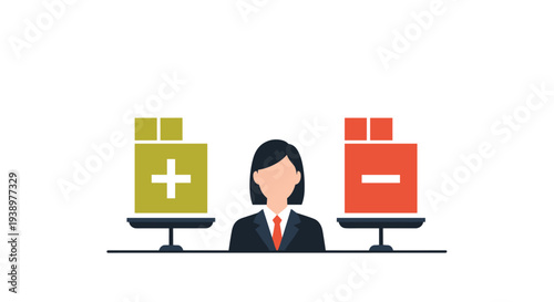 A faceless businesswoman stands between two perfectly balanced scales, one with a green plus sign and the other with a red minus sign.