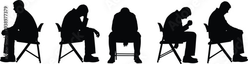 Silhouettes of five people sitting in chairs in various postures on white background