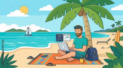 Remote worker enjoying tropical beach vacation with laptop