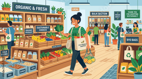 Woman shopping for organic produce in sustainable grocery store