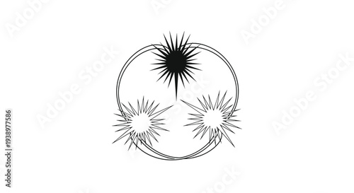 Abstract celestial symbol featuring three overlapping starburst or sunburst icons within a fine minimalist circular frame.