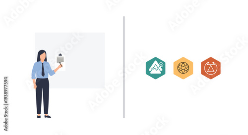 A professional woman with a clipboard stands next to a blank presentation board, separated by a line from three hexagonal business icons on a white background.