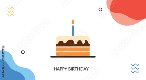 Festive birthday cake with chocolate frosting and one lit candle for a special anniversary celebration or birthday party event.